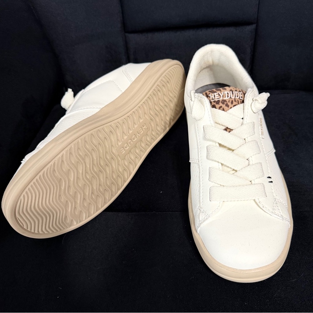 HeyDude Women's White Lace-Up Sneakers with Leopard Details - Picture 2 of 4